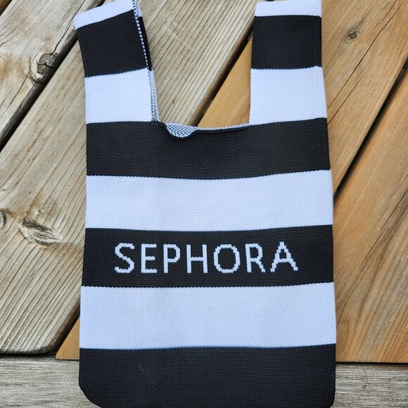 SEPHORA Black & White Stripe Knitted Tote Shopping Bag Limited Edition 8"x13.5" - Picture 3 of 4